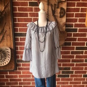 Black & White Striped Blouse with Ruffles